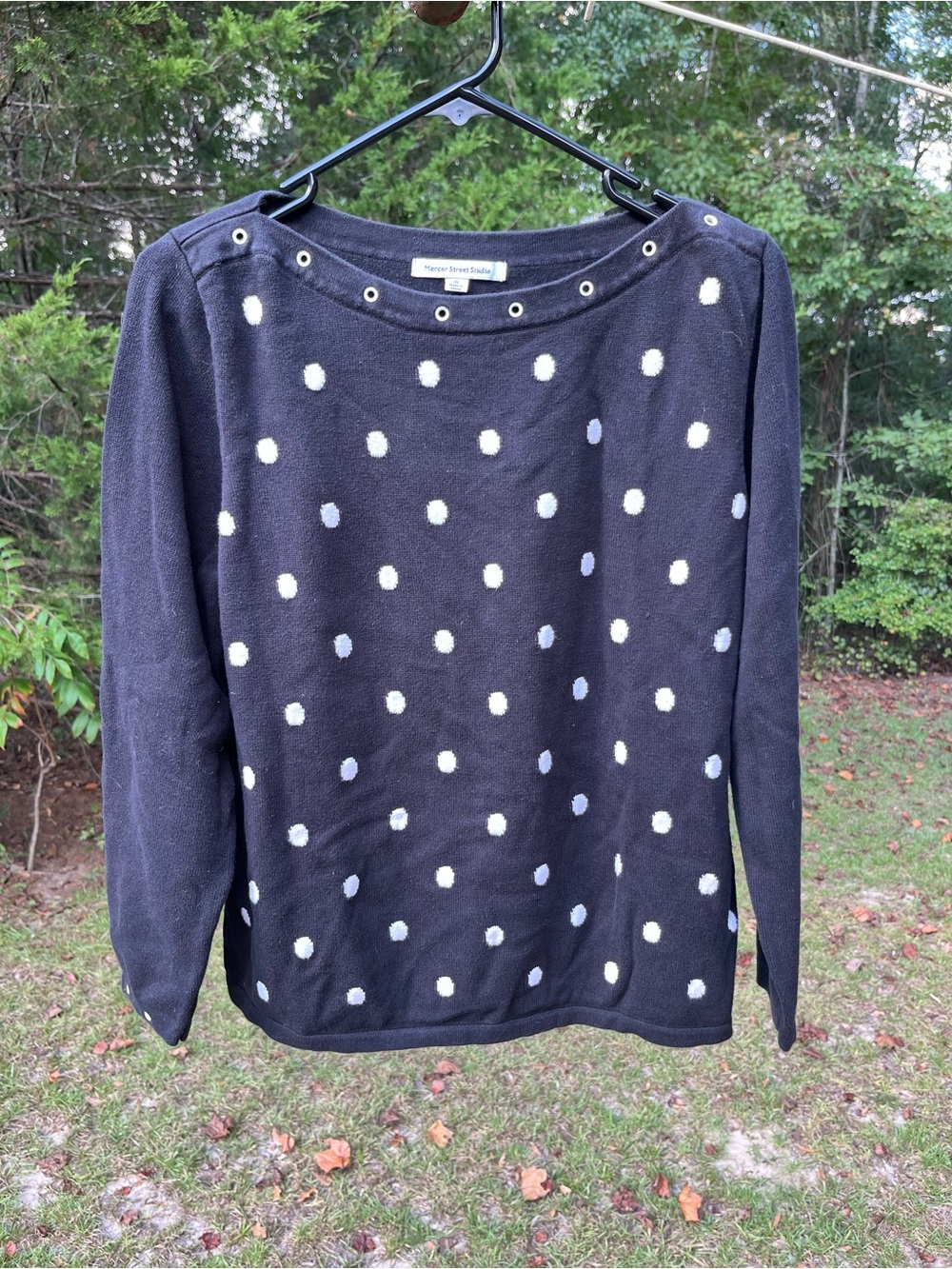 Mercer Street Studio Black Sweater with White Polka Dots & Grommet Neck